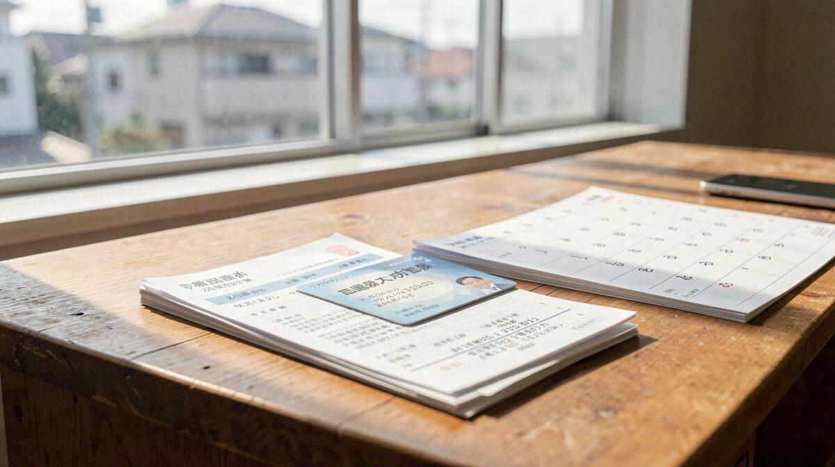 A wooden desk by a bright apartment window in Japan, a residence card resting on a stack of utility bills and a paper calendar with dates crossed off, morning light across rice-paper white pages.