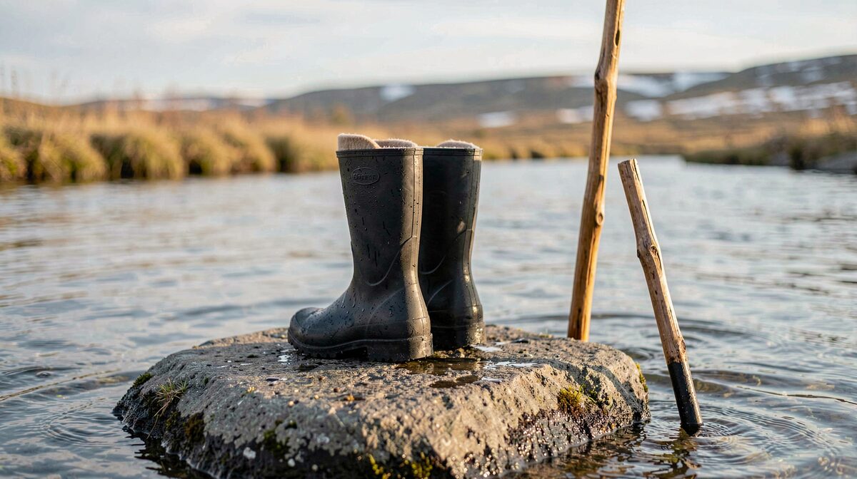 A pair of wet rubber-bottom pac boots with felt liners pulled out, set on a flat rock beside a shallow northern river at low morning light, a wading staff leaning against the rock, shot from knee height with the far bank soft in the background.